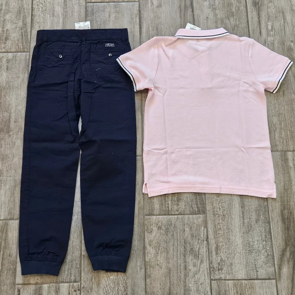 Janie and Jack Polo and Jogger Set Kids 8 Pink Navy Blue Preppy School Outfit